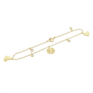 925 Sterling Silver Yellow Gold-Tone White CZ Love Heart Flower Womens Girls Link Chain Bracelet