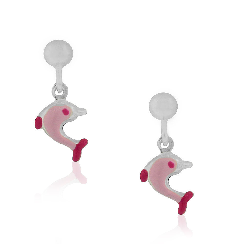 925 Sterling Silver Pink Enamel Dolphin Girls Dangle Drop Earrings