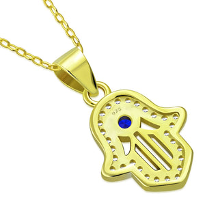 My Daily Styles 925 Sterling Silver CZ Small Hamsa Pendant Necklace with Blue CZ Accent - Adjustable Chain 16"-18"
