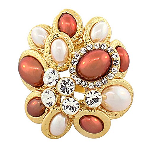 My Daily Styles Fashion Alloy Yellow Gold-Tone Brown White Simulated Pearls Clear CZ Cocktail Ring