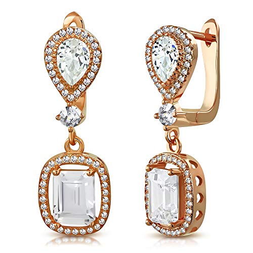 925 Sterling Silver Rectangular Teardrop White Clear CZ Drop Dangle Earrings, 1.2"
