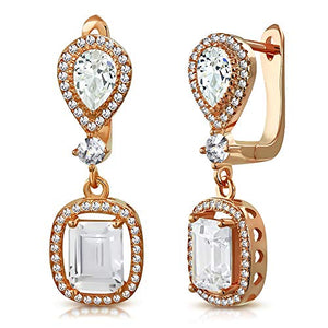 925 Sterling Silver Rectangular Teardrop White Clear CZ Drop Dangle Earrings, 1.2"