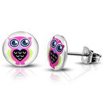Stainless Steel Pink Owl Love Heart Stud Earrings