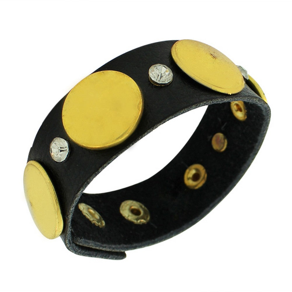 Faux Black Leather Yellow Gold-Tone White CZ Wristband Wrap Bracelet