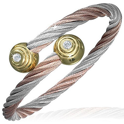 Stainless Steel Rose Gold Silver-Tone Twisted Cable CZ Womens Bangle