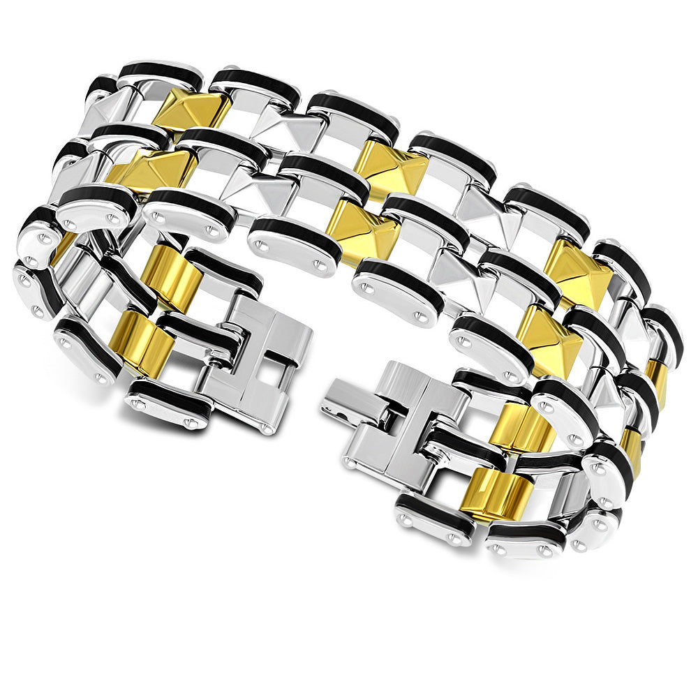 Stainless Steel Silver Gold Black Tri-color Wide Link Chain Men's Bracelet