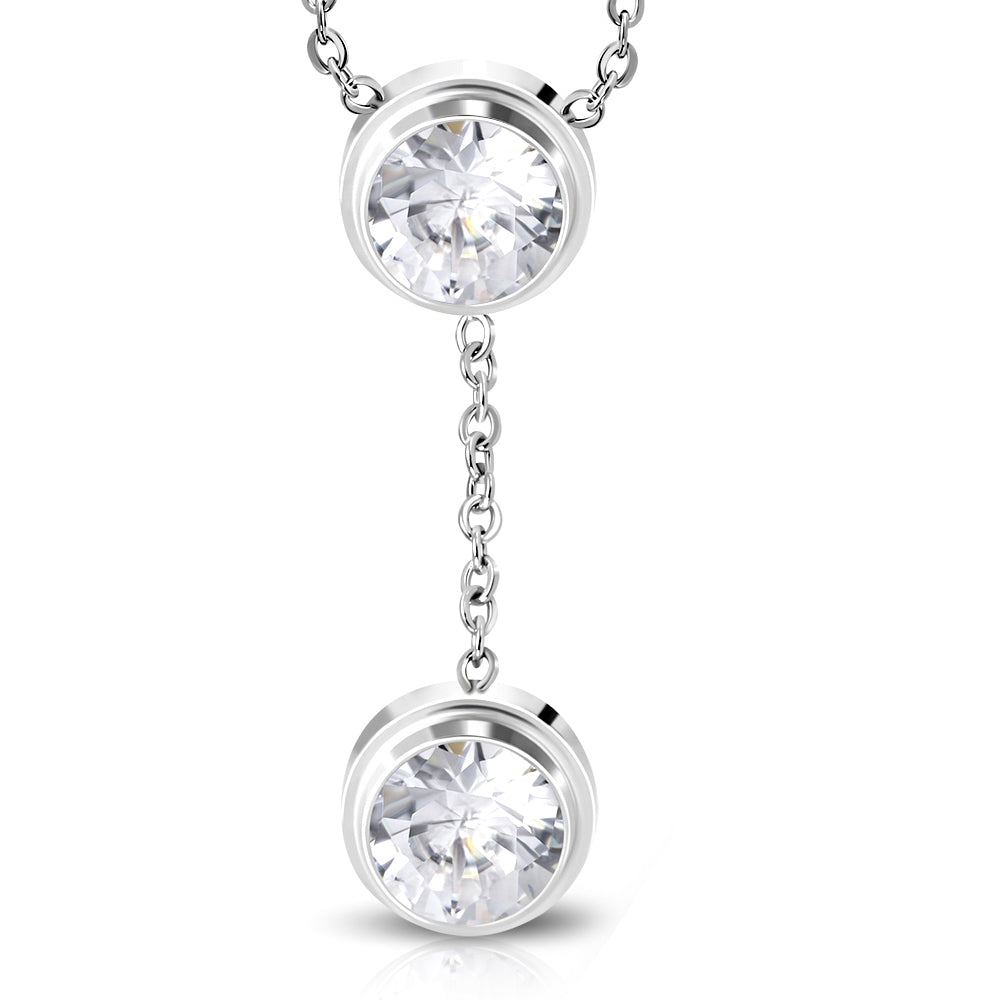 Stainless Steel Silver-Tone White Clear Bezel-Set CZ Pendant Necklace