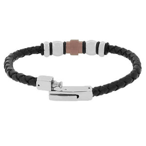 Stainless Steel Black Faux PU Leather Bronze-Tone and Silver-Tone Wristband Men's Bracelet