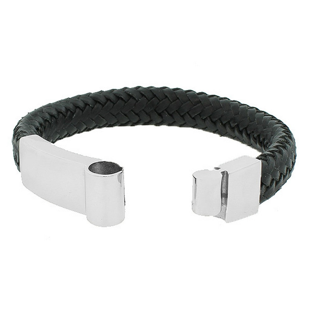 Stainless Steel Black Leather Silver-Tone Men's Bracelet