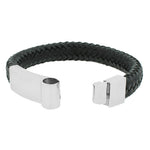 Stainless Steel Black Leather Silver-Tone Men's Bracelet