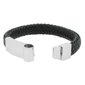 Stainless Steel Black Leather Silver-Tone Men's Bracelet