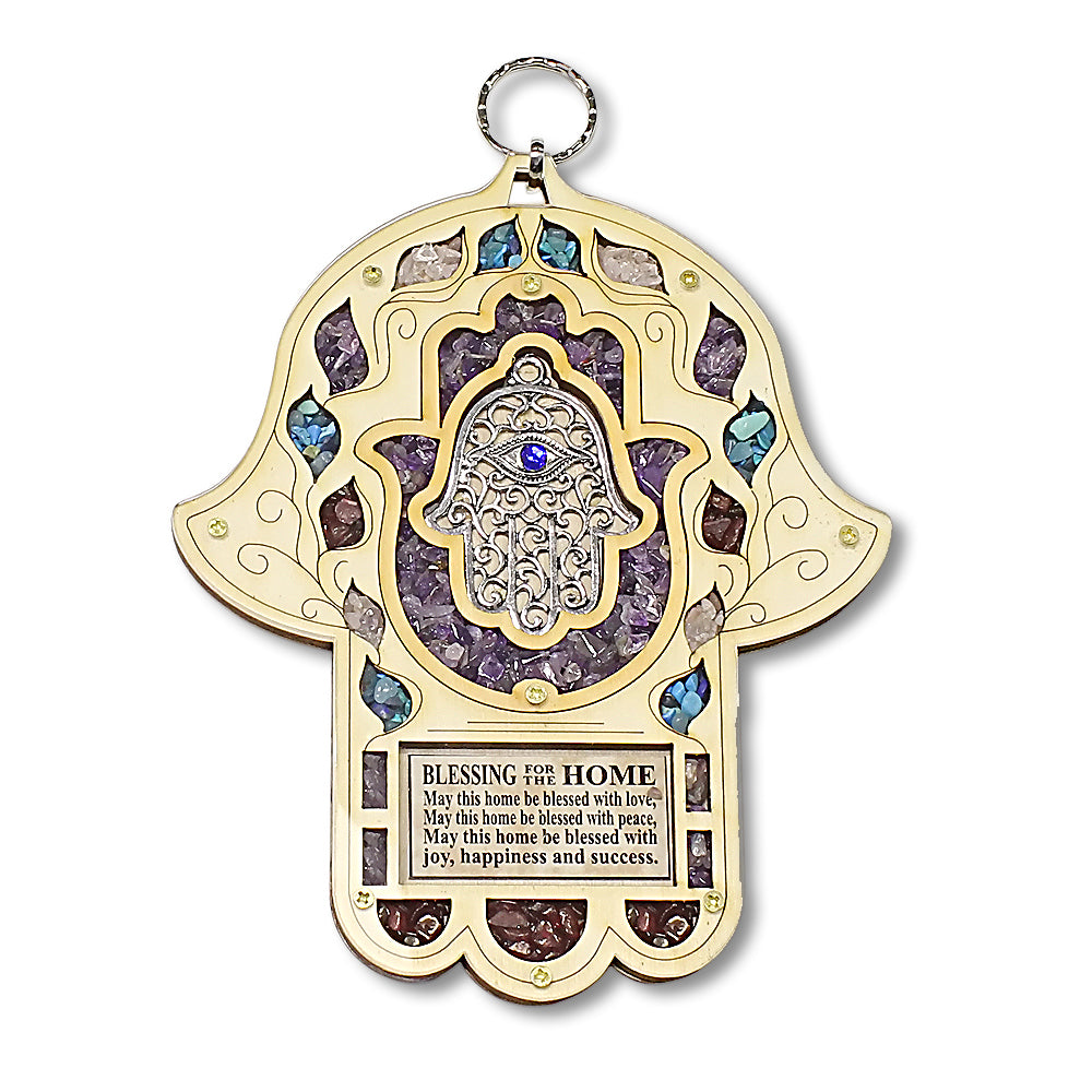 Wooden Hamsa Blessing for Home - in English - Good Luck Wall Decor Gemstones, 8"