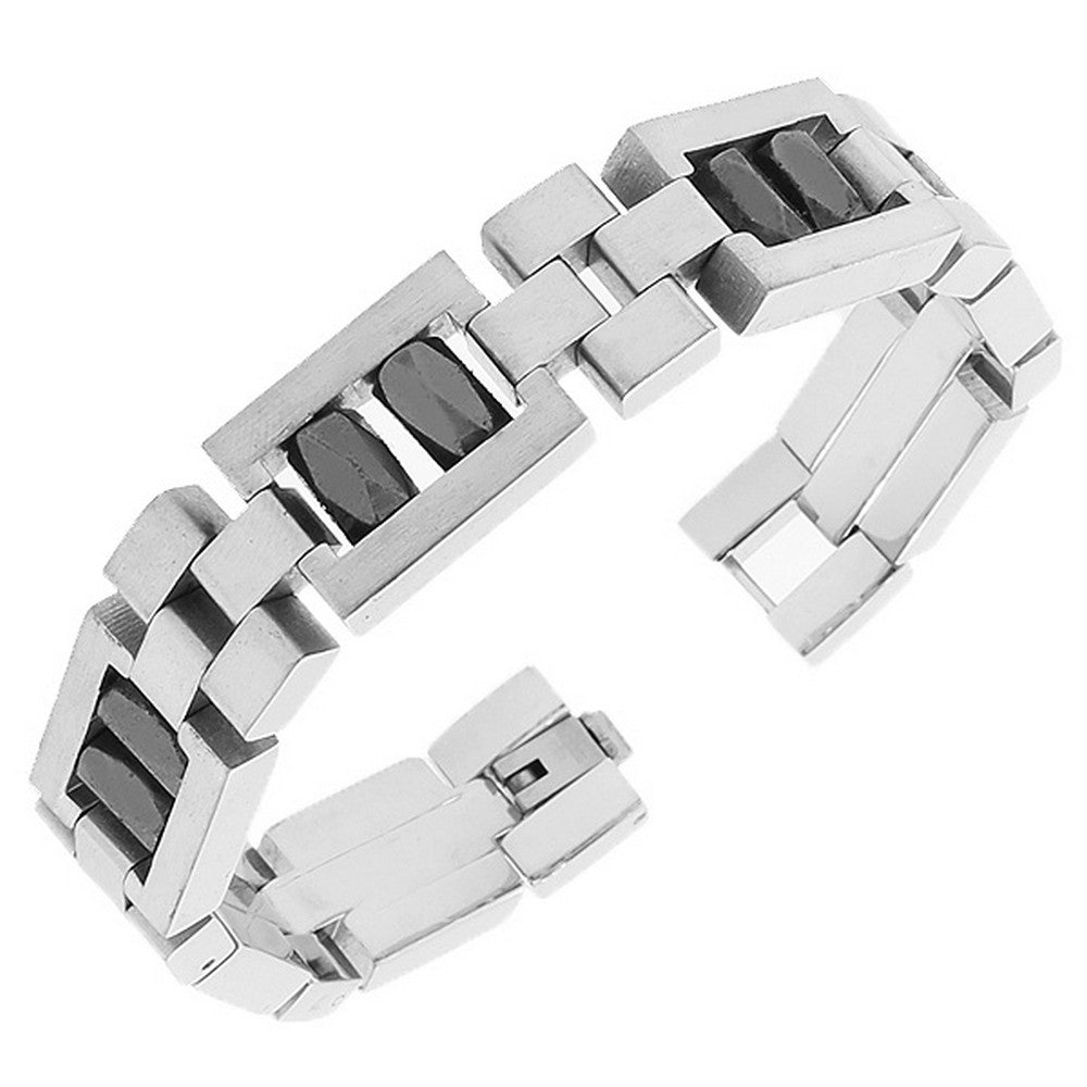 Stainless Steel Silver Black Link Chain Mens Bracelet with Clasp