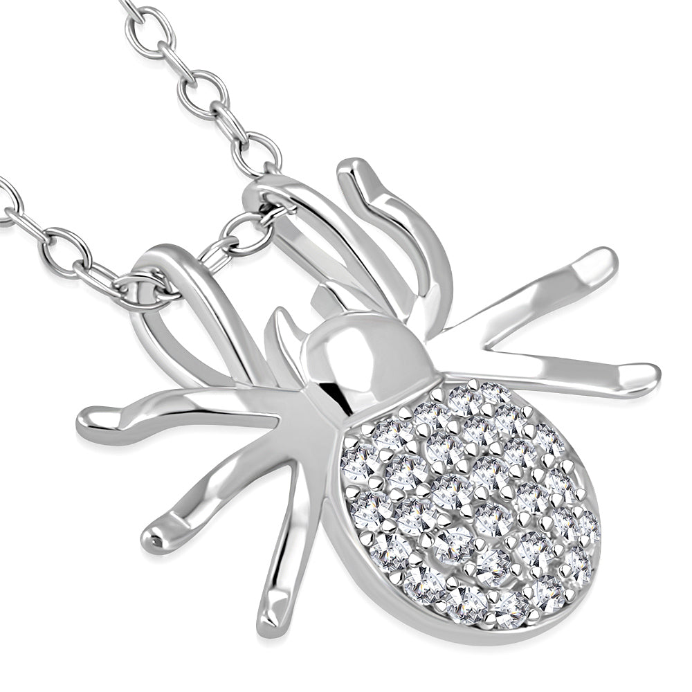 925 Sterling Silver White Clear CZ Small Spider Pendant Necklace