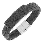 Stainless Steel Black Leather Silver-Tone CZ Men's Bracelet