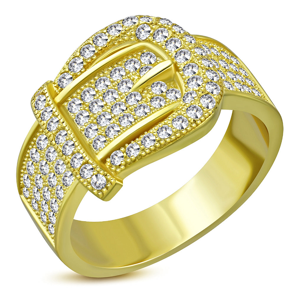 My Daily Styles 925 Sterling Silver Women's Yellow Gold-Tone White CZ Stones Belt Buckle Ring