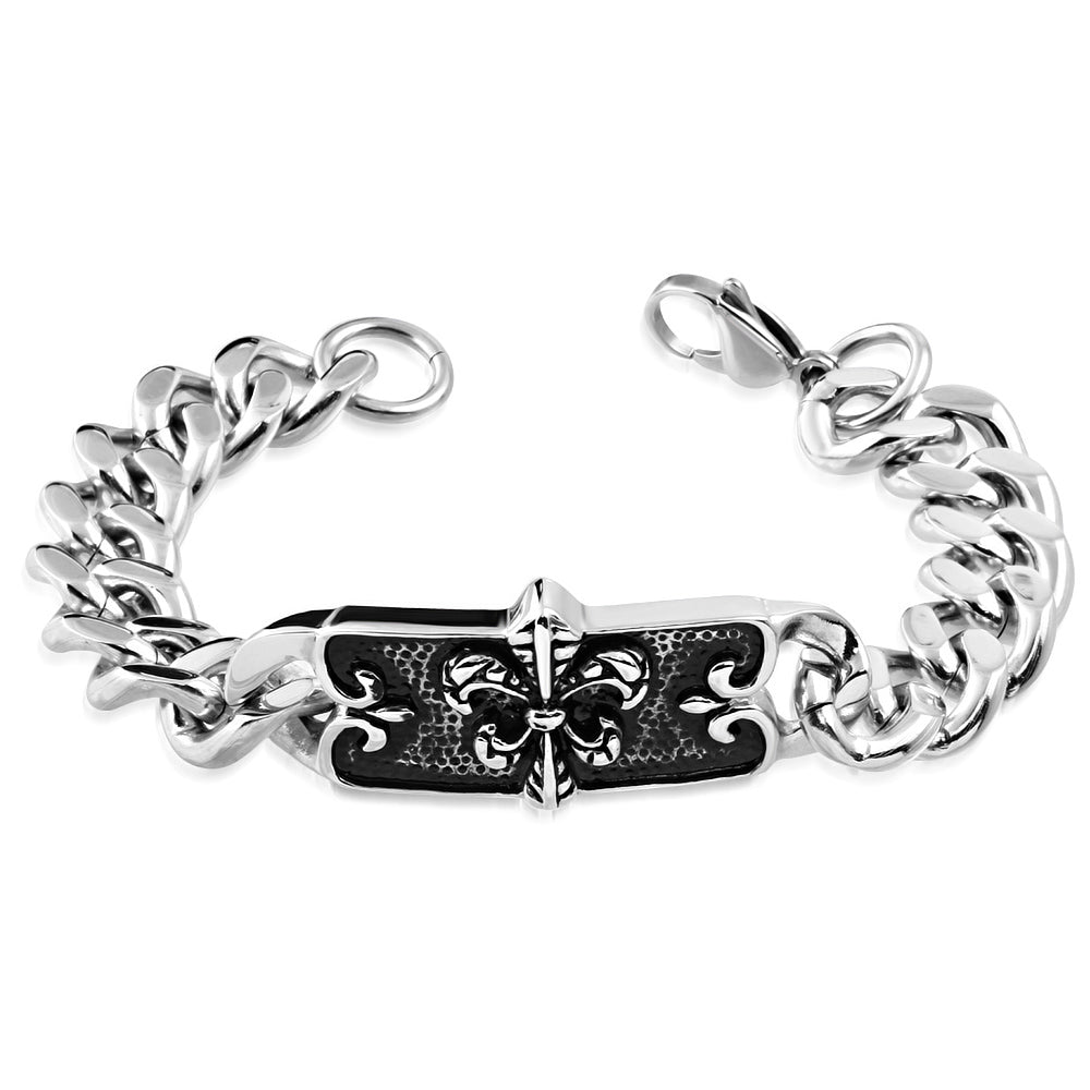 Stainless Steel Silver-Tone Fleur de Lis Link Chain Mens Bracelet