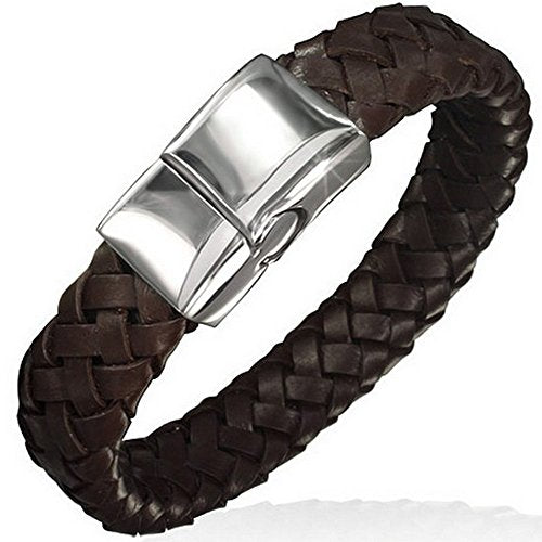 Brown Genuine Leather Braided Silver-Tone Stainless Steel Wristband Mens Bracelet