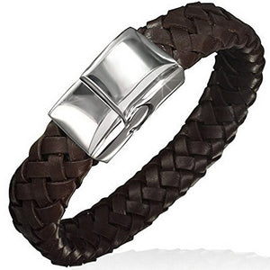 Brown Genuine Leather Braided Silver-Tone Stainless Steel Wristband Mens Bracelet