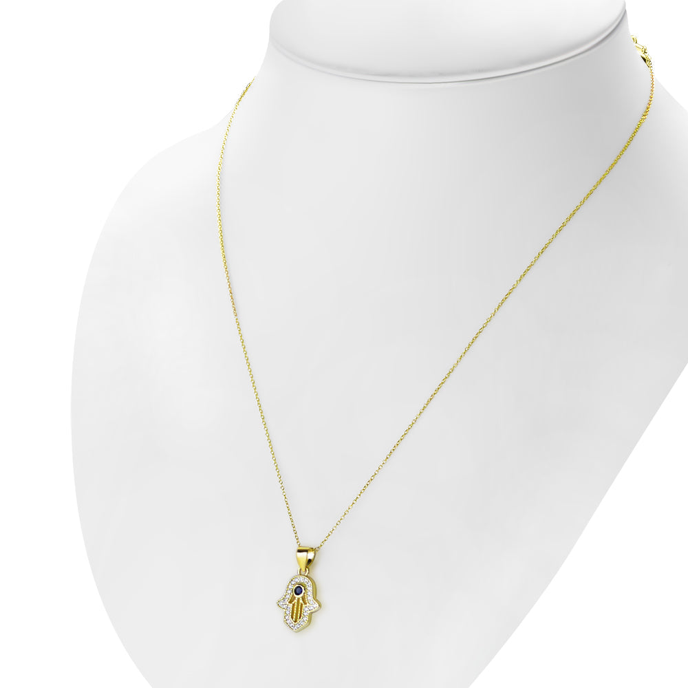 My Daily Styles 925 Sterling Silver CZ Small Hamsa Pendant Necklace with Blue CZ Accent - Adjustable Chain 16"-18"