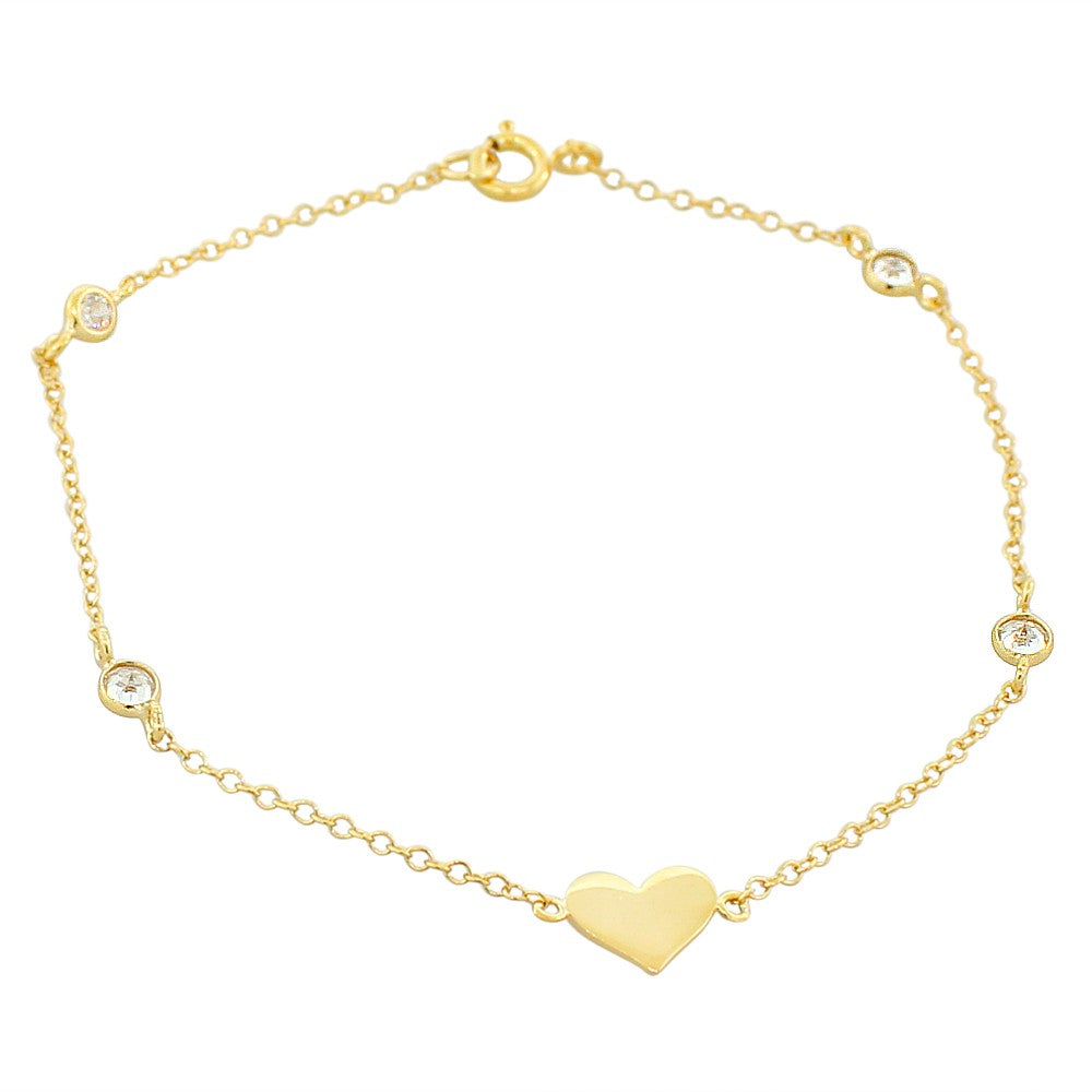 925 Sterling Silver Yellow Gold-Tone White CZ Love Heart Womens Girls Link Chain Bracelet