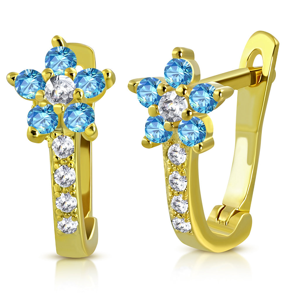 925 Sterling Silver Yellow Gold-Tone White Light Blue CZ Small Girls Hoop Huggie Flower Floral Earrings, 0.5"