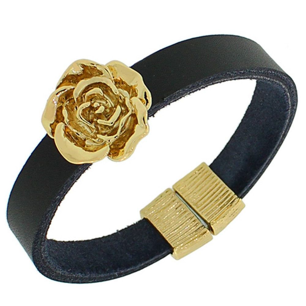 Fashion Alloy Black Leather Yellow Gold-Tone Flowers Floral Design Wristband Wrap Bracelet