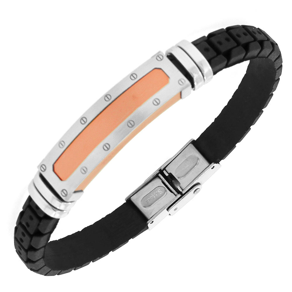 Stainless Steel Black Rubber Silicone Rose Gold-Tone Silver-Tone Men's Bracelet