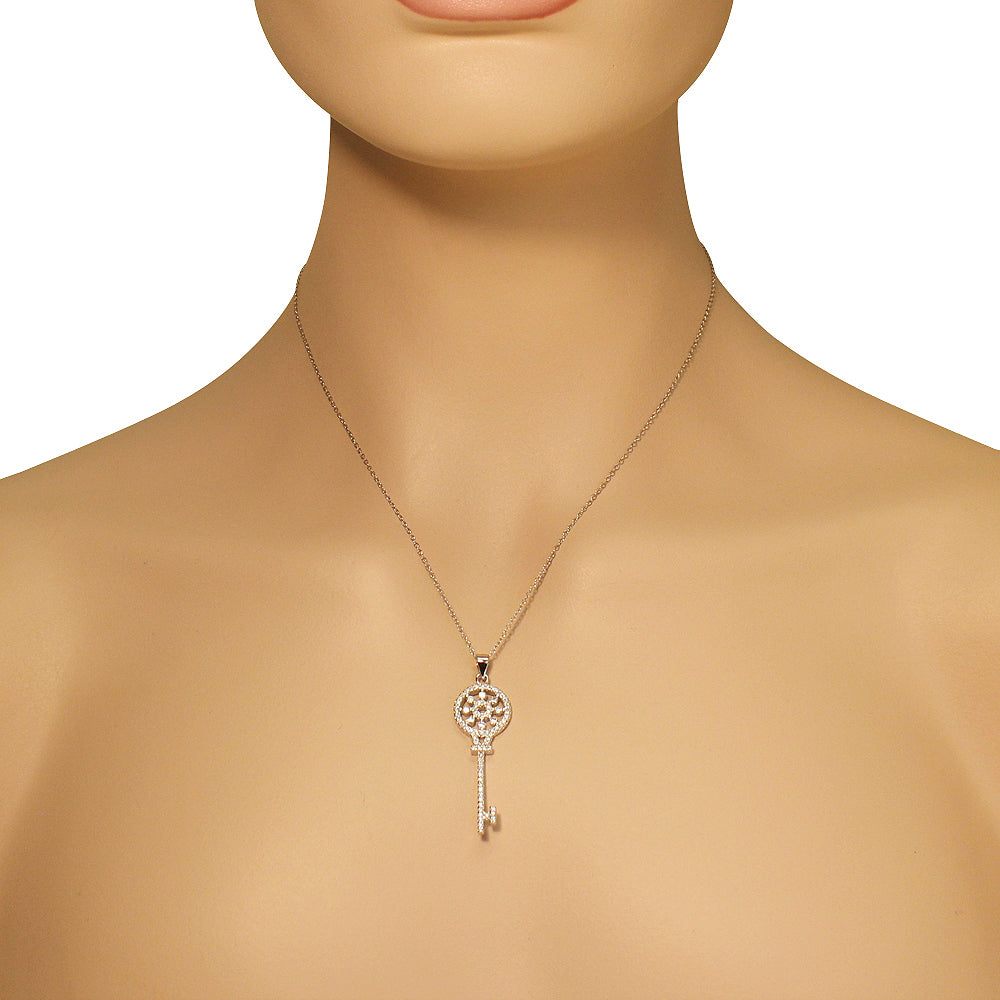 925 Sterling Silver White Clear CZ Large Statement Key Pendant Necklace