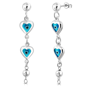 925 Sterling Silver Love Heart Blue Evil Eye Protection Dangle Drop Earrings. 2.25"