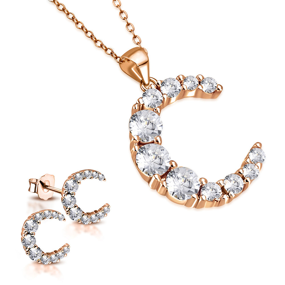 925 Sterling Silver Clear CZ Moon Crescent Pendant Necklace Stud Earrings Set, 18"