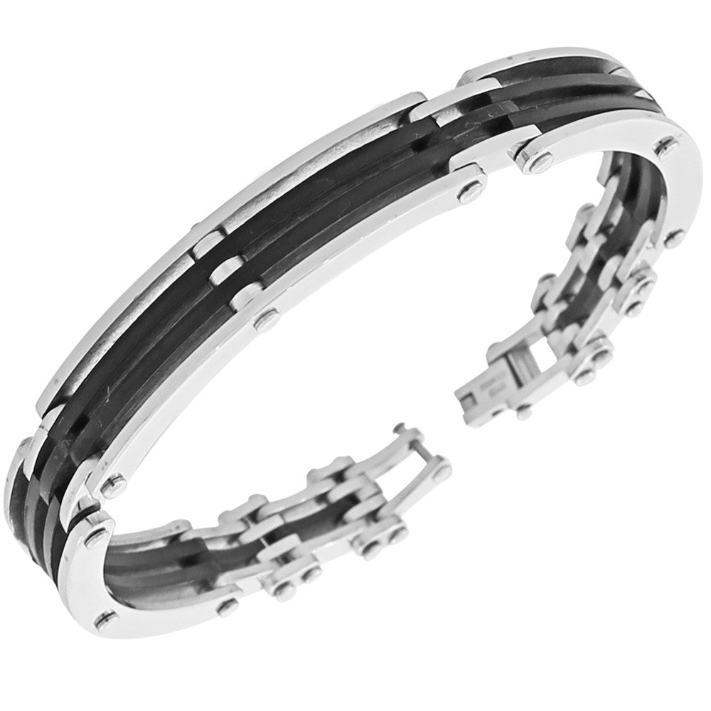 Stainless Steel Black Rubber Silicone Men's Link Bracelet