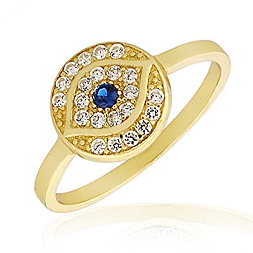 925 Sterling Silver Yellow Gold-Tone White Blue CZ Evil Eye Protection Ring Band