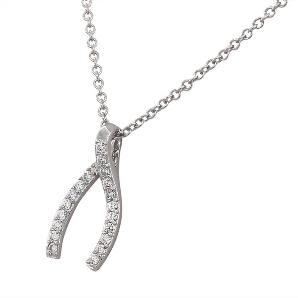 Cubic Zirconia Wishbone Necklace Pendant Sterling Silver