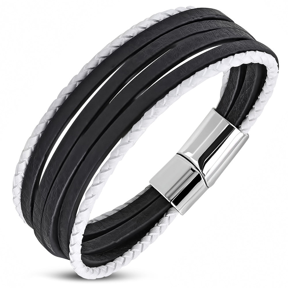 Stainless Steel Silver-Tone Black Faux Leather White Rope Wristband Layer Bracelet, 8"