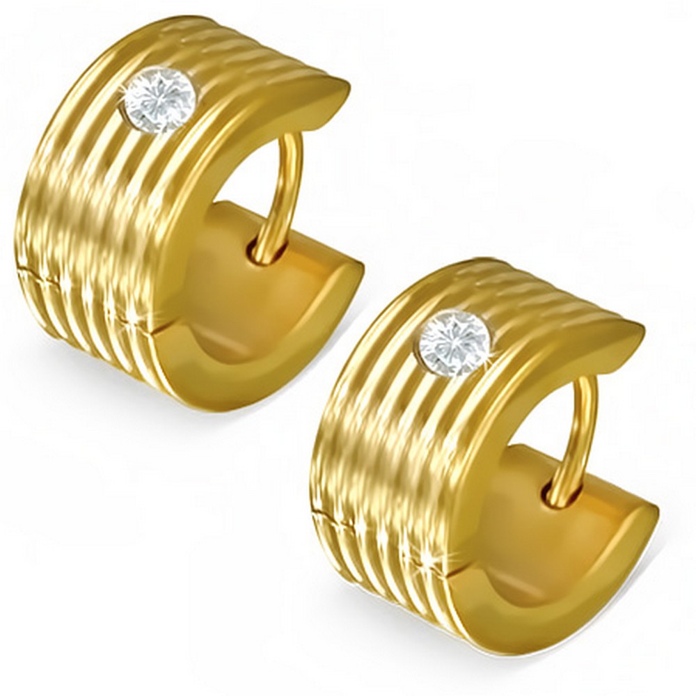 Stainless Steel Yellow Gold-Tone White CZ Womens Hoop Huggie Earrings