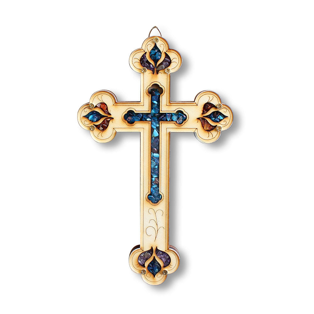 Wooden Christian Cross with Simulated Gemstones Wall Plaque Decor - Perfect Gift - Made in Israel