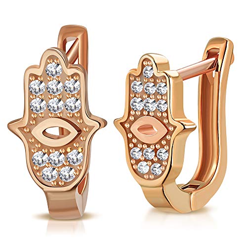 925 Sterling Silver White Clear CZ Hamsa Good Luck Hoop Huggie Earrings, 0.55"