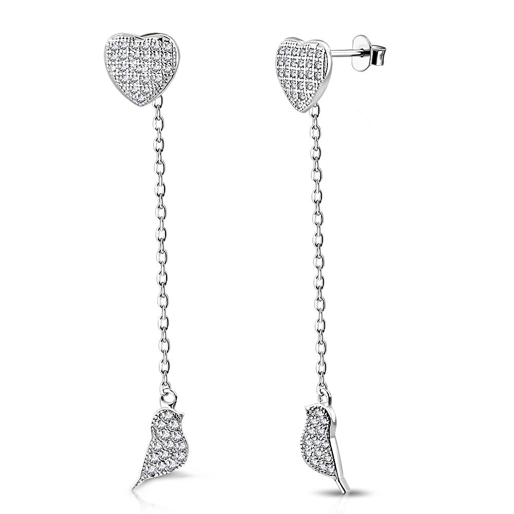 925 Sterling Silver White Clear CZ Love Heart Bird Lovebird Dangle Drop Earrings, 1.85"