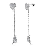 925 Sterling Silver White Clear CZ Love Heart Bird Lovebird Dangle Drop Earrings, 1.85"