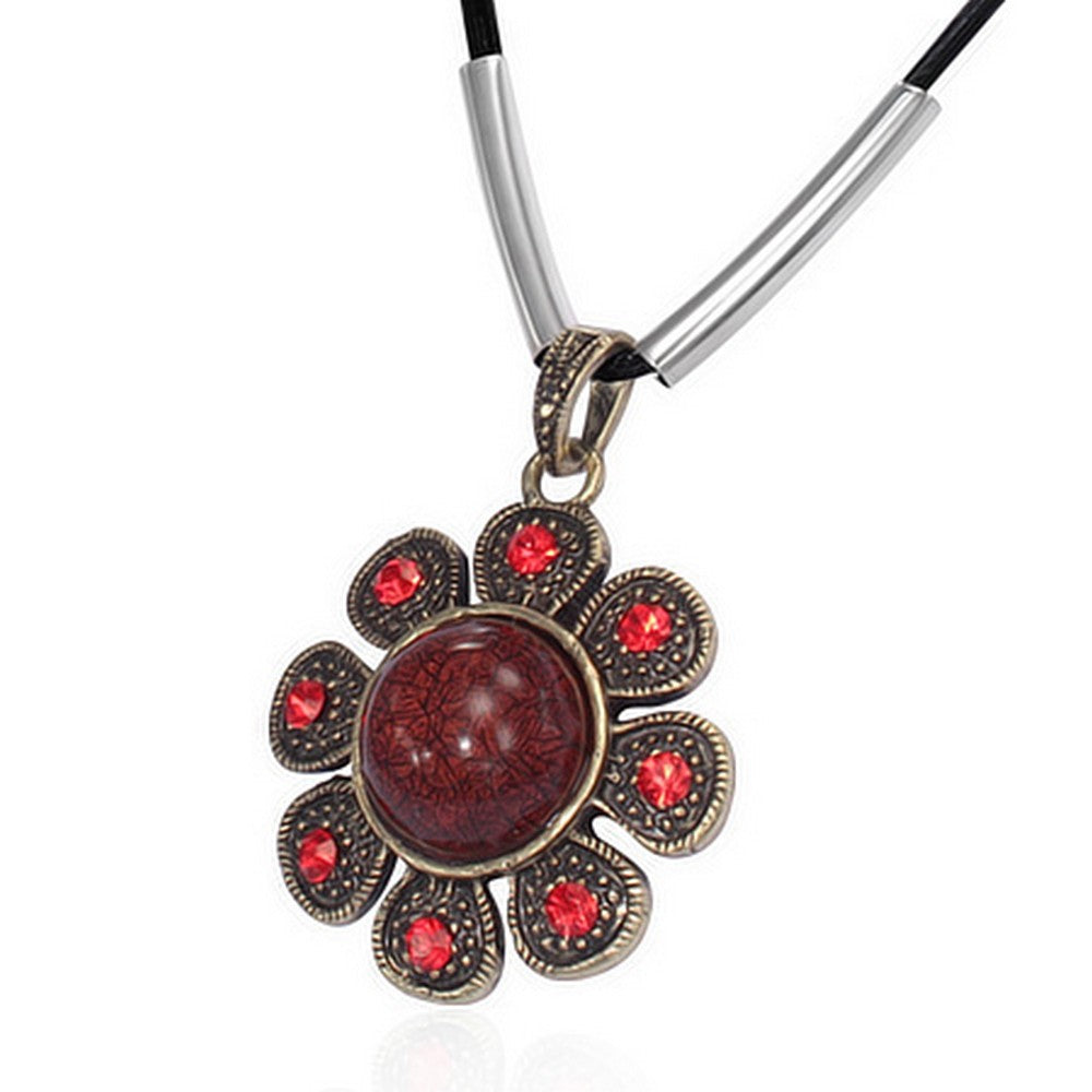 Fashion Alloy Scarlet Charm with Red Flower Black Chain Pendant Necklace