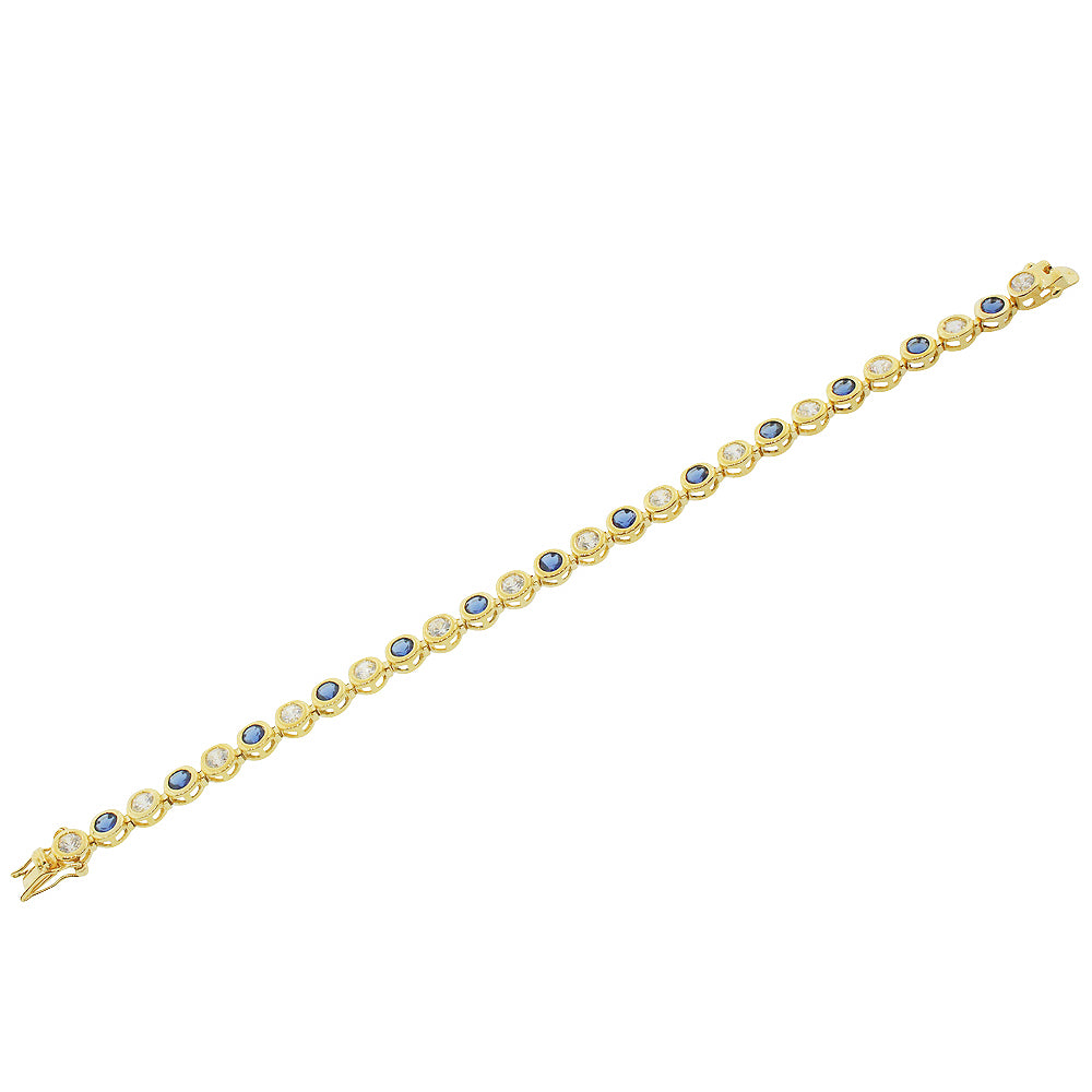 925 Sterling Silver Yellow Gold-Tone Bezel-Set Blue Sapphire-Tone Clear Round CZ Tennis Bracelet