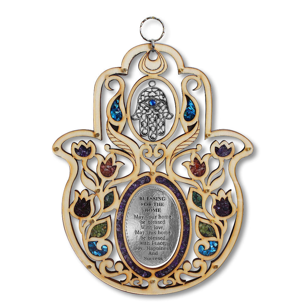 Large Wooden Hamsa Blessing for the Home - in English - Good Luck Wall Decor with Simulated Gemstones