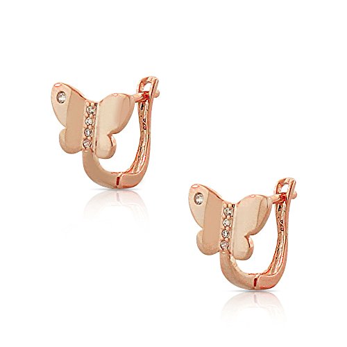 925 Sterling Silver Rose Gold-Tone Clear White CZ Butterfly Hoop Huggie Earrings, 0.45"