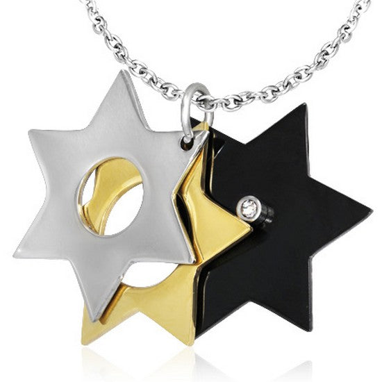 Stainless Steel Black Silver Jewish Star of David Charm Pendant Necklace