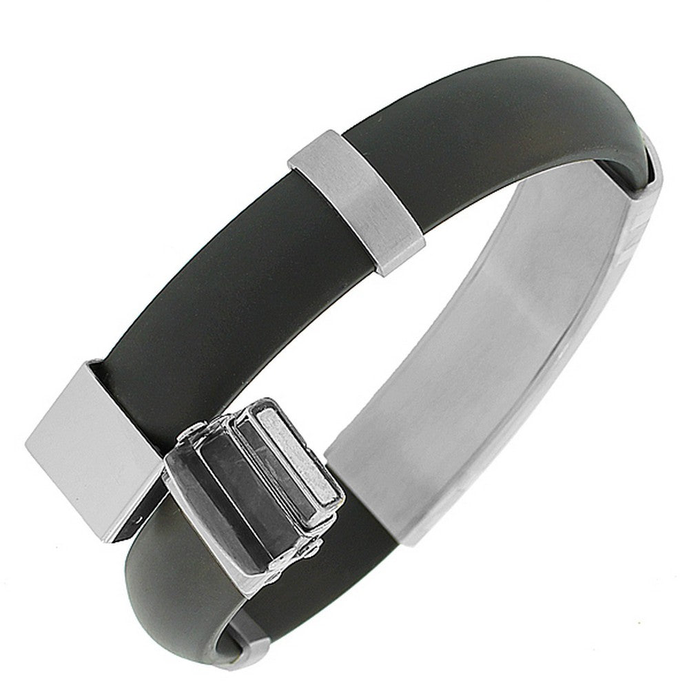 Stainless Steel Black Rubber Silicone Two-Tone Men's Bracelet