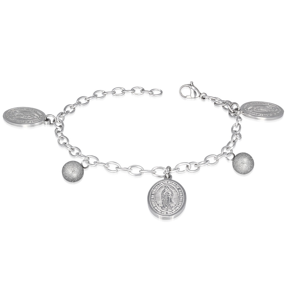 Stainless Steel Silver-Tone Christian Religious Mother Mary Adjustable Chain Bracelet