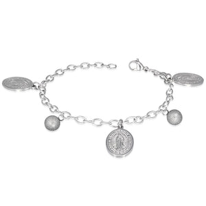 Stainless Steel Silver-Tone Christian Religious Mother Mary Adjustable Chain Bracelet