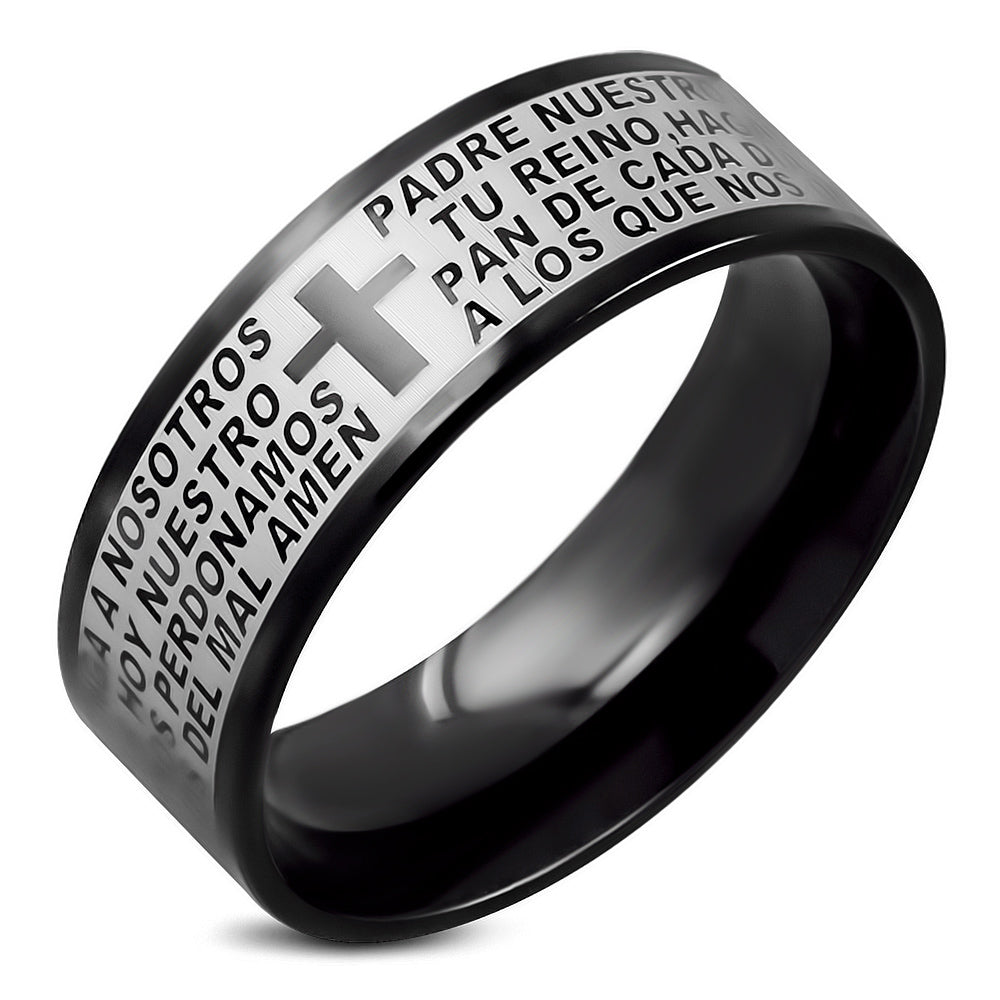 My Daily Styles Stainless Steel Black Silver-Tone Padre Nuestro Lords Prayer in Spanish Ring Band
