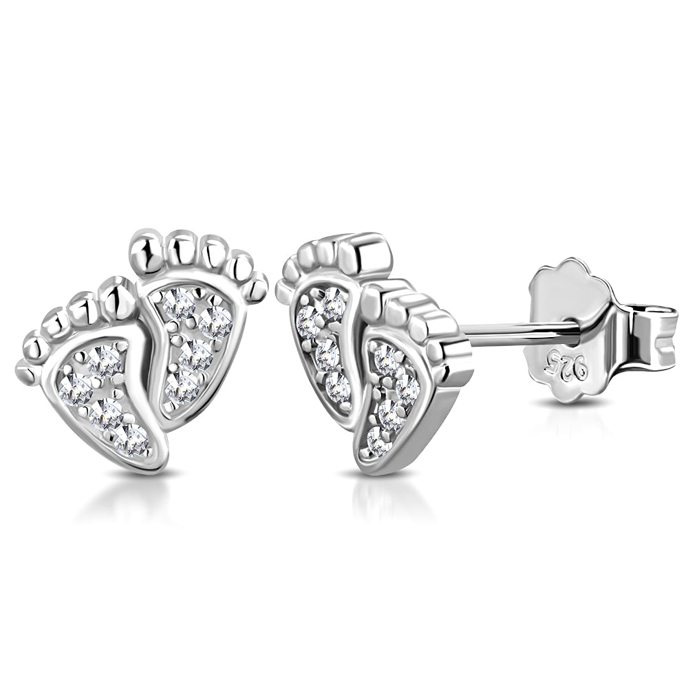 925 Sterling Silver Small CZ Tiny Foot Print Stud Earrings